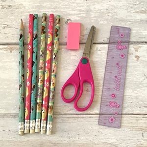 Girls Pink Puppy Kitten School Supply Bundle Ruler Pencils Eraser Kids Set